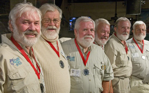 Some of the semi-finalists of the 2011 "Papa" Hemingway Look-Alike Contest including, from left, Arnie Inge-Mathisen, Bear Hoochuck, Greg Fawcett, Charlie Boice, Ed Lindoo and Frank Long show their to looks to the audience during the first of two preliminary rounds at Sloppy Joe's Bar in Key West. Photos by Andy Newman/Florida Keys News Bureau/HO)